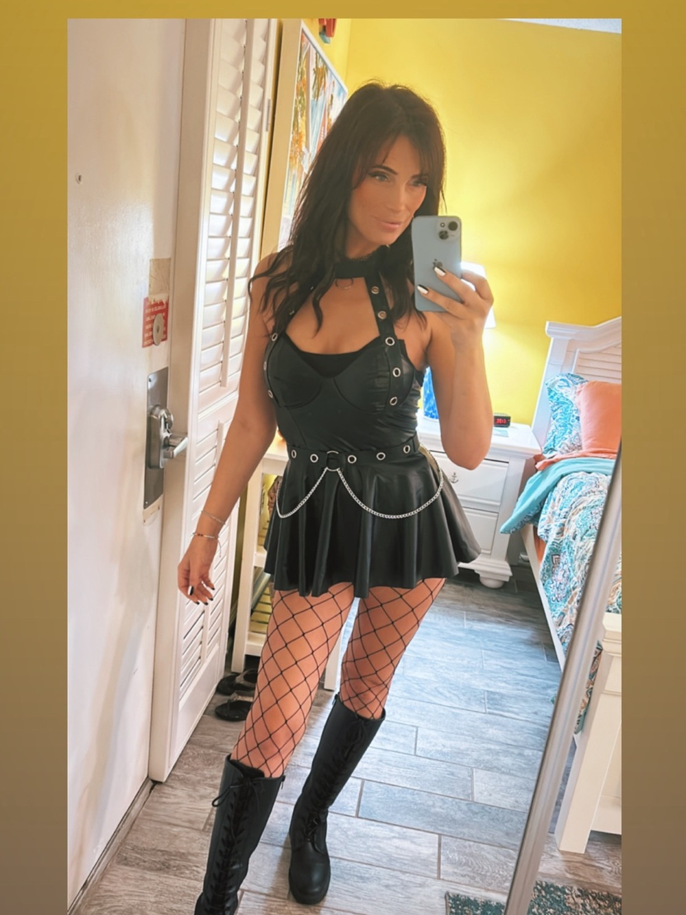 Black Faux Leather Mini Dress with Chain Detail